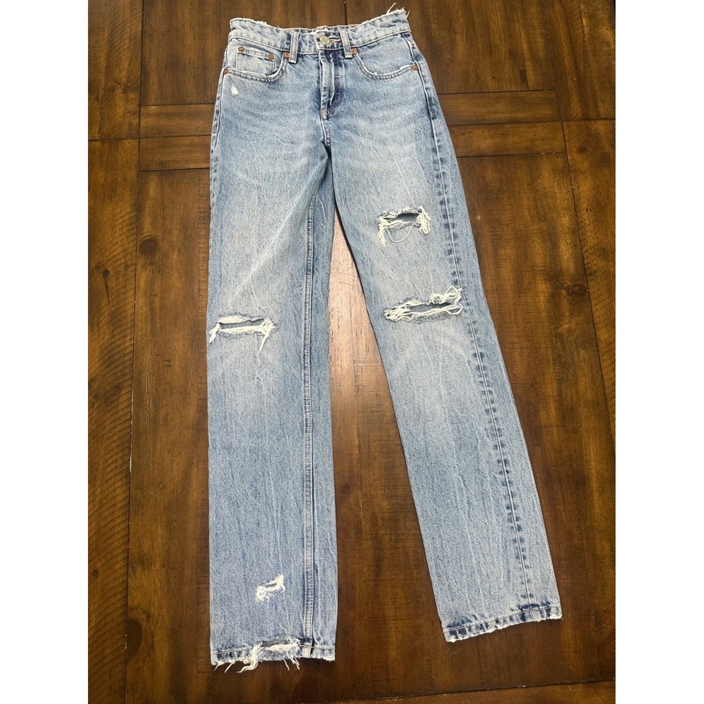 Zara Light Blue Distressed Straight Leg Jeans